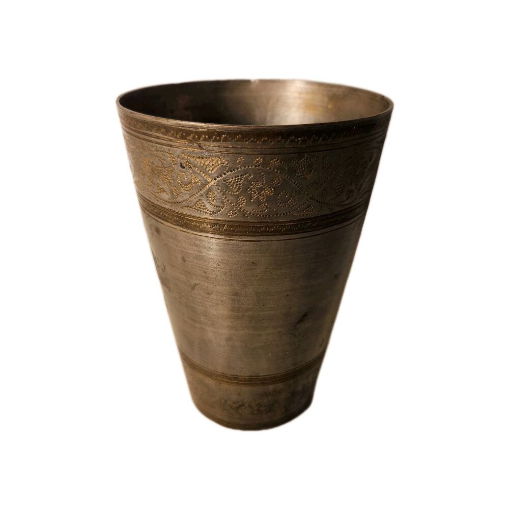 Antique Hand Carved Aged Brass w Patina Lassi Cup Engraved Bands Signed